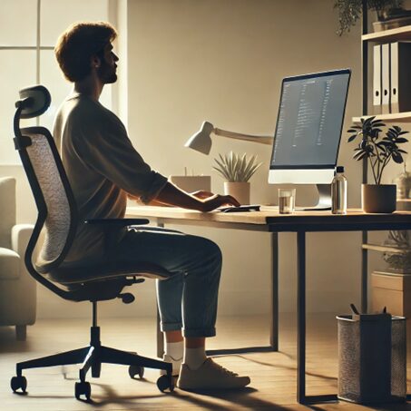 L'image montre un espace de travail serein avec une personne assise droit à un bureau ergonomique. On y voit un écran à hauteur des yeux, une chaise avec support lombaire, une bouteille d'eau, et une petite plante, le tout baigné d'une lumière douce, symbolisant la santé au travail.