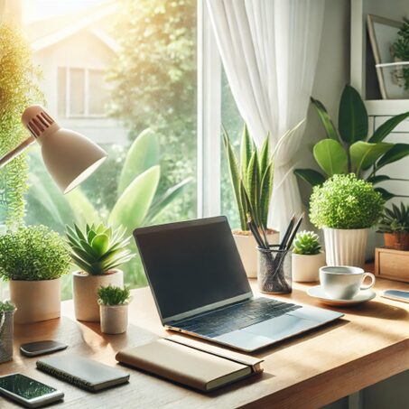 Un espace de travail lumineux et organisé, comprenant un bureau avec un ordinateur portable, un carnet, une tasse de café et des plantes vertes. La lumière naturelle illumine la scène, créant une ambiance calme et inspirante.