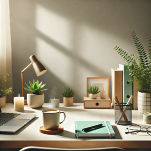 Image montrant un bureau calme et ordonné avec une ambiance apaisante, symbolisant un espace propice à un retour au travail serein après un burn-out.