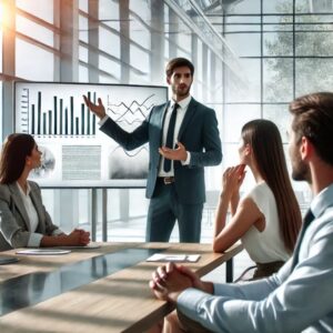 Un professionnel confiant effectuant une présentation devant une équipe diverse dans un bureau, mettant en avant la persuasion et la communication efficace.