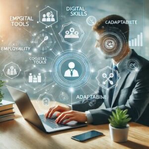 Personne suivant une formation en ligne entourée d’icônes symbolisant les compétences clés comme le digital, la communication et le networking.