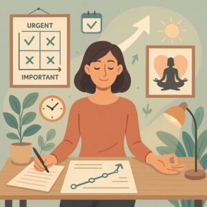 Illustration d’une femme sereine travaillant à son bureau dans un environnement apaisant, entourée d’éléments symbolisant la gestion d’énergie et le bien-être : une matrice d’Eisenhower, des plantes, une lampe, une affiche de méditation et une flèche ascendante représentant la progression.