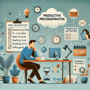 Illustration représentant la procrastination productive, avec une personne réfléchissant à son bureau entourée d’éléments symbolisant la créativité et l’organisation.