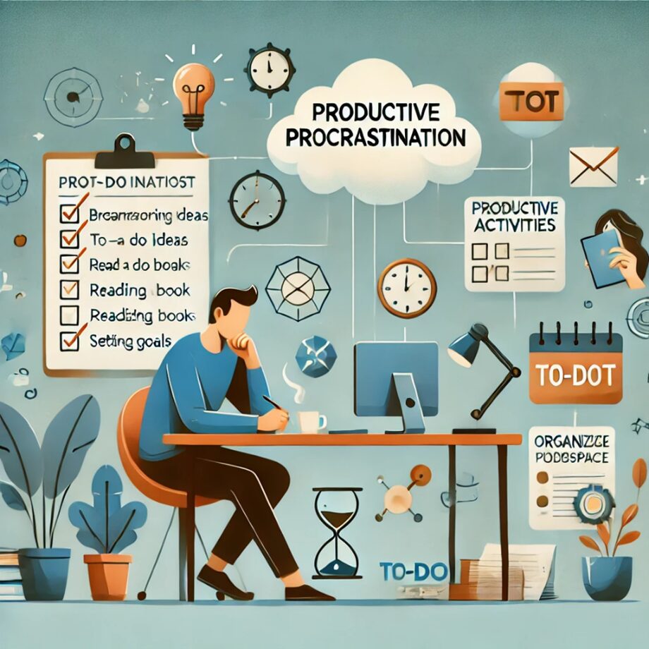 Illustration représentant la procrastination productive, avec une personne réfléchissant à son bureau entourée d’éléments symbolisant la créativité et l’organisation.