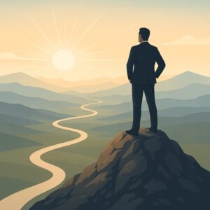 Silhouette d'un professionnel debout au sommet d'une montagne, contemplant un chemin sinueux vers l'horizon sous un lever de soleil, symbole de leadership et de clarté d'avenir.