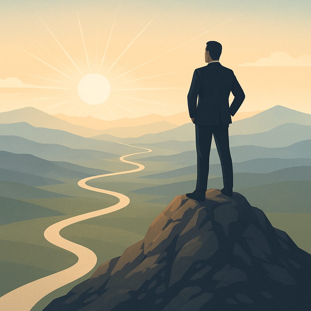 Silhouette d'un professionnel debout au sommet d'une montagne, contemplant un chemin sinueux vers l'horizon sous un lever de soleil, symbole de leadership et de clarté d'avenir.