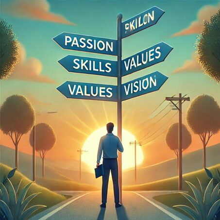 Personne à un carrefour de carrière avec des panneaux indiquant passion, compétences, valeurs et vision