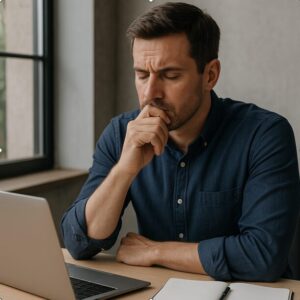 Un homme concentré assis à son bureau, réfléchissant à sa transition de carrière