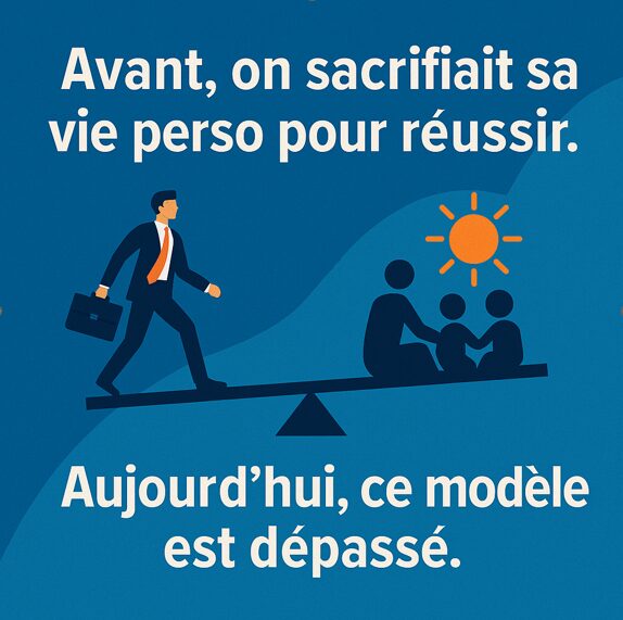 Illustration représentant un homme d’affaires en costume s’éloignant de sa famille sur une balançoire, accompagnée du message "Avant, on sacrifiait sa vie perso pour réussir. Aujourd’hui, ce modèle est dépassé."