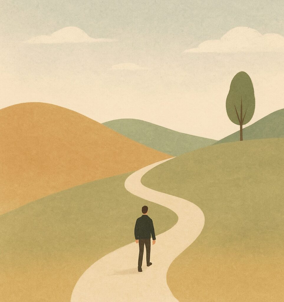 Une personne marche seule sur un chemin sinueux dans un paysage paisible, symbolisant un parcours personnel