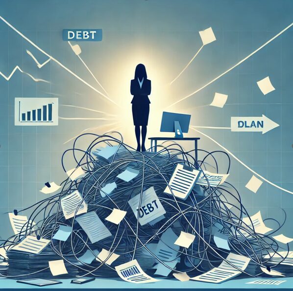 Illustration symbolique de la dette managériale, représentant un professionnel submergé par des tâches, avec une feuille de route lumineuse en arrière-plan