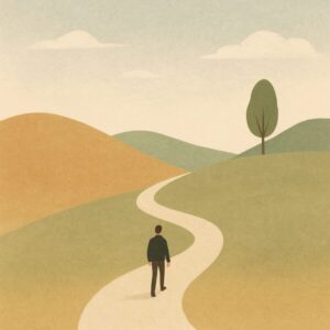 Une personne marche seule sur un chemin sinueux dans un paysage paisible, symbolisant un parcours personnel