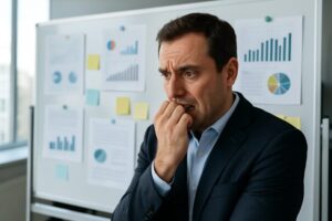Homme d'affaires anxieux devant un tableau rempli de graphiques professionnels.
