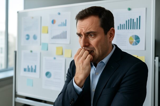 Homme d'affaires anxieux devant un tableau rempli de graphiques professionnels.