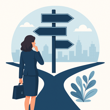 Femme professionnelle à un carrefour de carrière devant un panneau directionnel