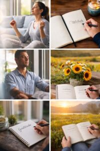 Personne méditant, carnet de gratitude, coucher de soleil et fleurs dans un environnement paisible symbolisant les routines de confiance et de stabilité intérieure