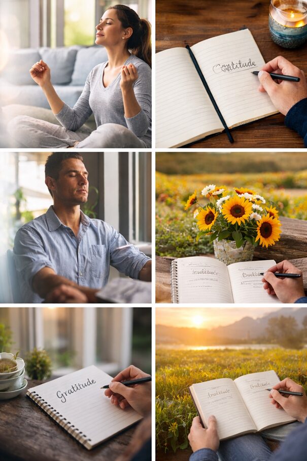 Personne méditant, carnet de gratitude, coucher de soleil et fleurs dans un environnement paisible symbolisant les routines de confiance et de stabilité intérieure