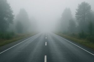 Route humide à deux voies disparaissant dans le brouillard, symbolisant l’incertitude professionnelle