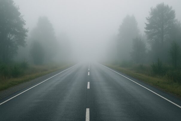 Route humide à deux voies disparaissant dans le brouillard, symbolisant l’incertitude professionnelle