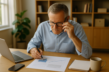 Homme senior concentré sur des graphiques à son bureau, planifiant une stratégie professionnelle