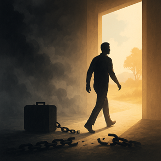 Homme en silhouette brisant ses chaînes et avançant vers la lumière, symbole de libération émotionnelle