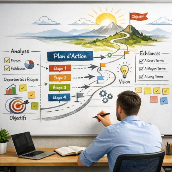 Professionnel planifiant son développement à long terme sur une Feuille de Route visuelle